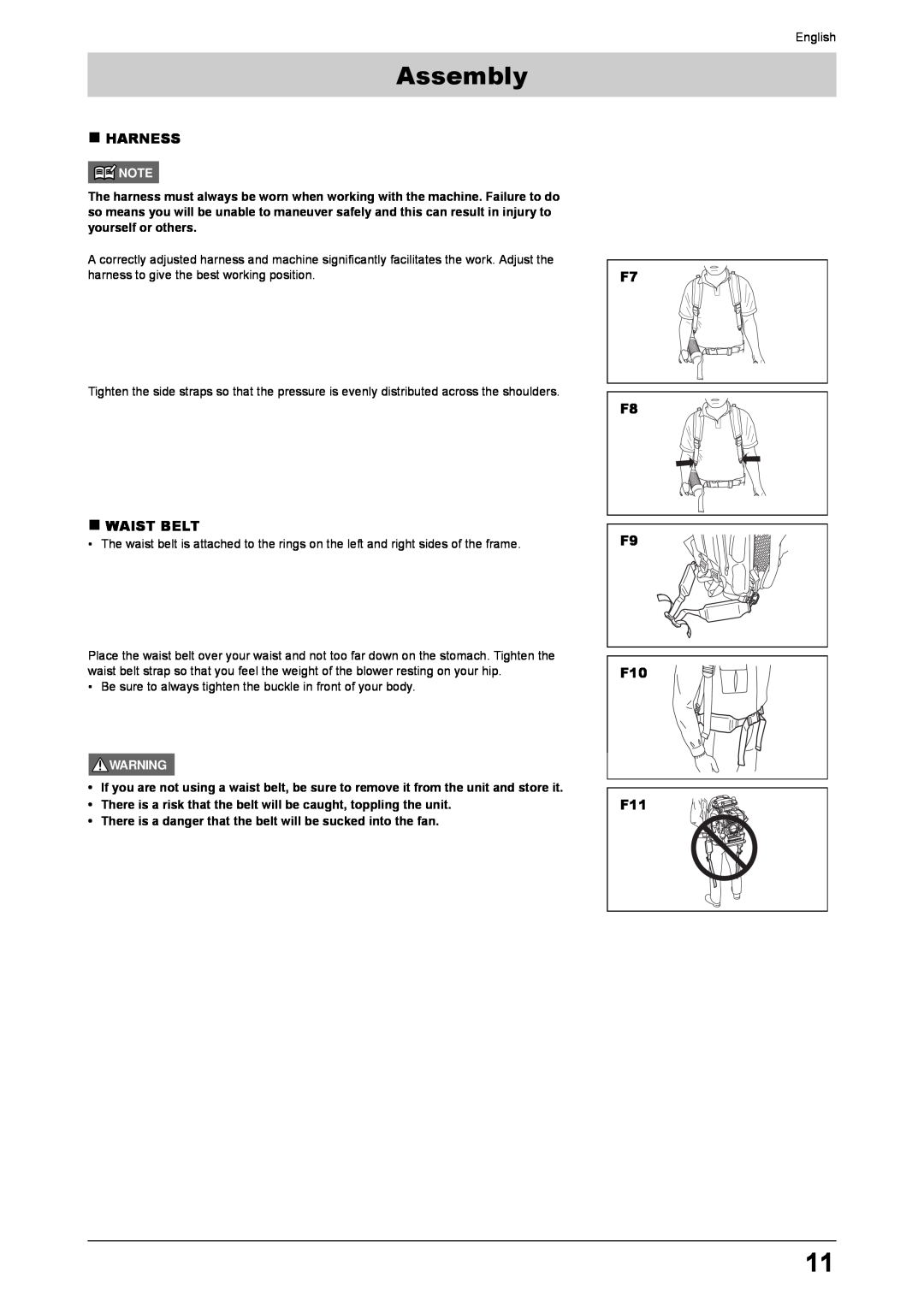 Husqvarna 170BT manual „ Harness, „ Waist Belt, F7 F8 F9 F10 F11, Assembly 