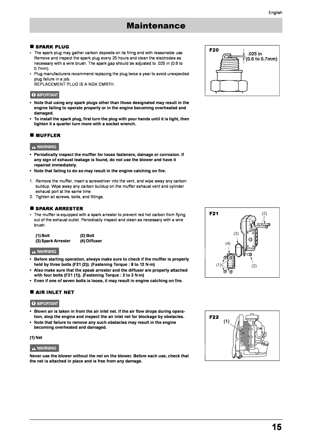 Husqvarna 170BT manual „ Spark Plug, „ Muffler, „ Spark Arrester, „ Air Inlet Net, Maintenance 
