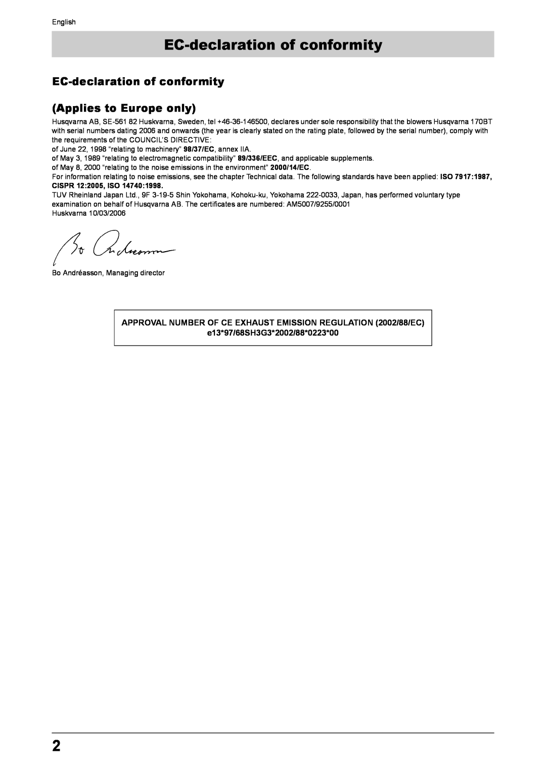 Husqvarna 170BT manual EC-declaration of conformity Applies to Europe only, e13*97/68SH3G3*2002/88*0223*00 