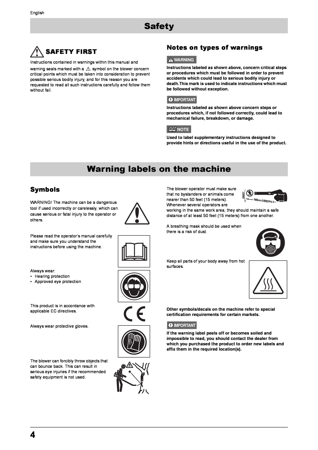 Husqvarna 170BT manual Warning labels on the machine, Safety First, Symbols, Notes on types of warnings 