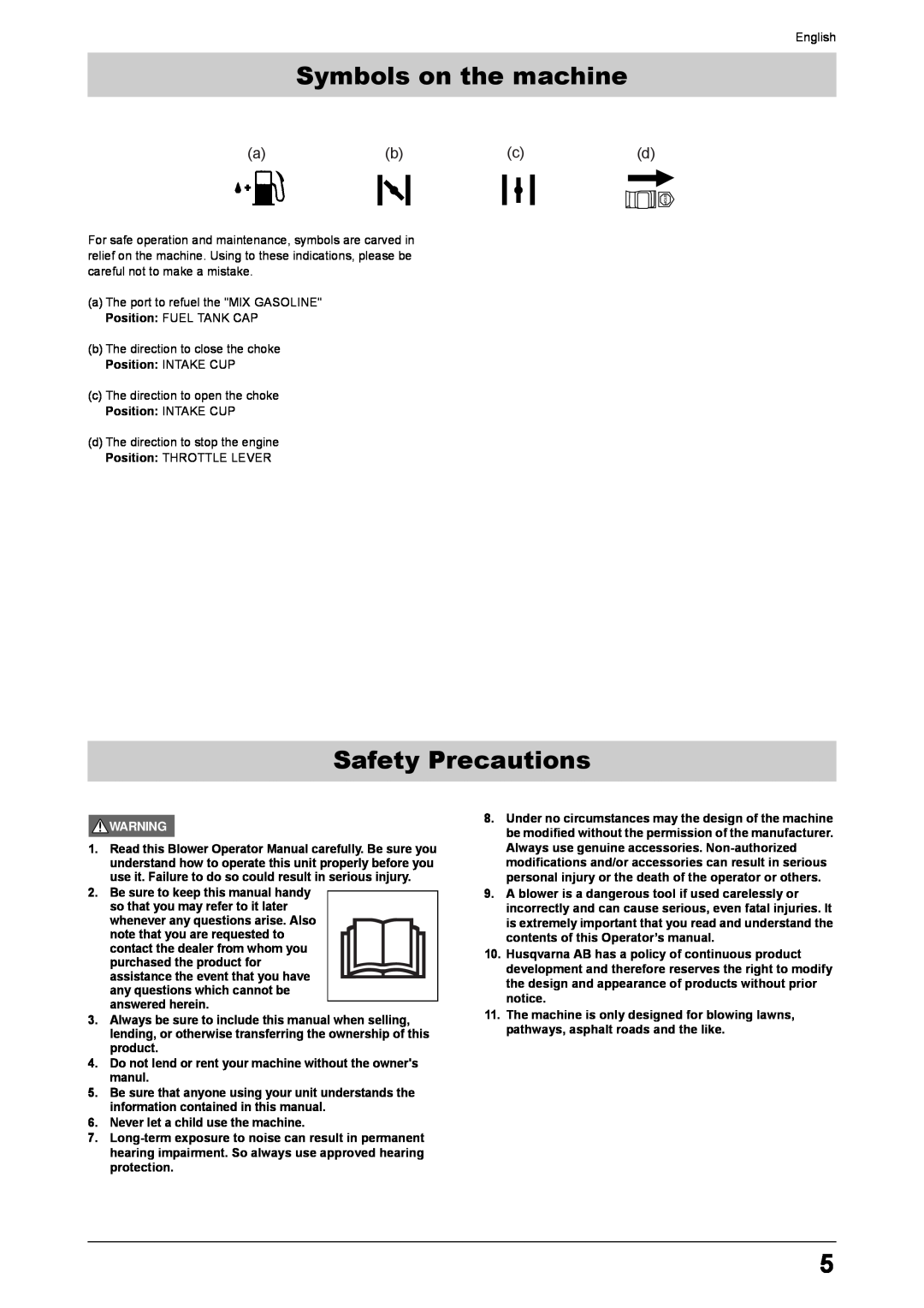 Husqvarna 170BT manual Symbols on the machine, Safety Precautions 