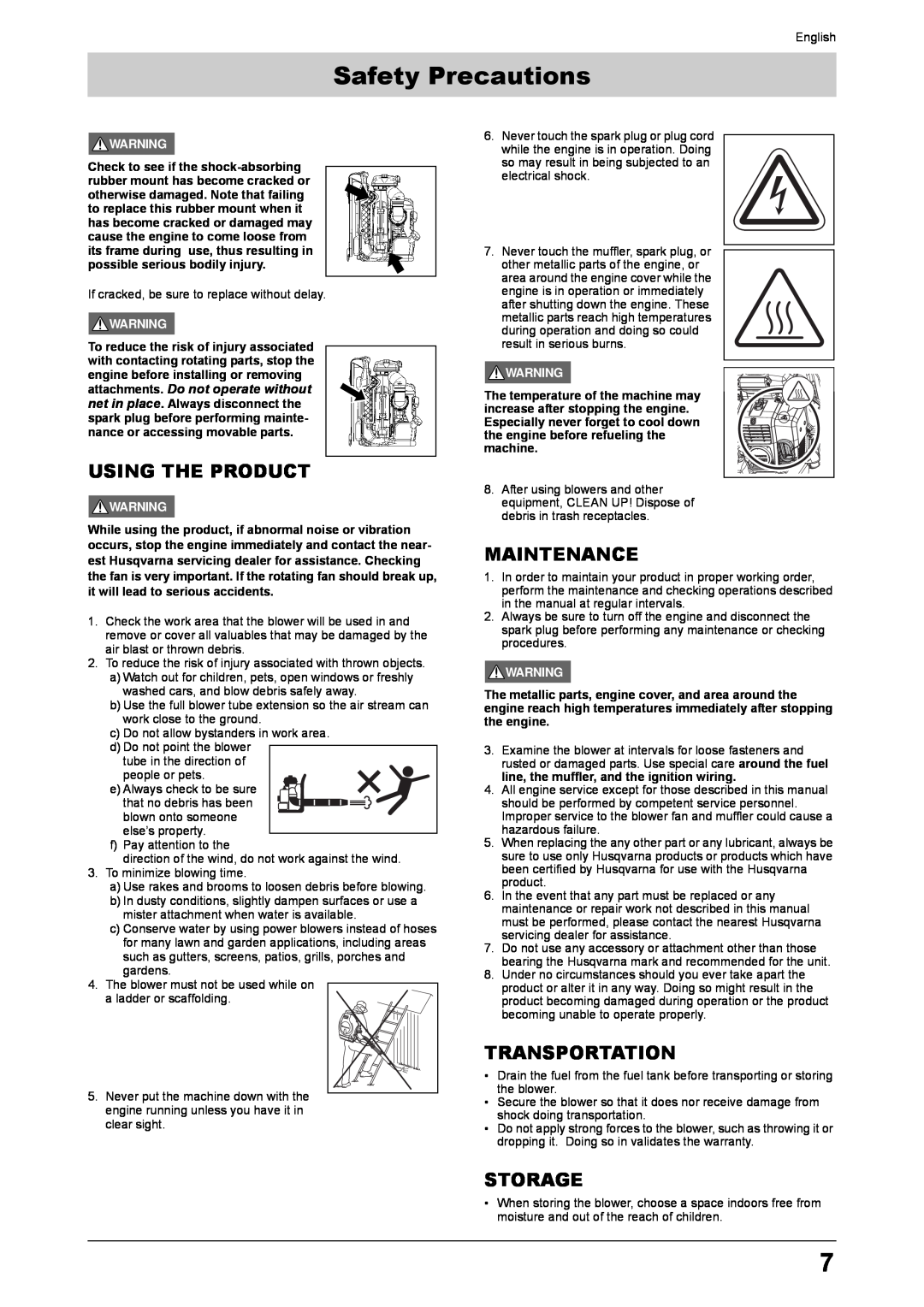 Husqvarna 170BT manual Using The Product, Maintenance, Transportation, Storage, Safety Precautions 