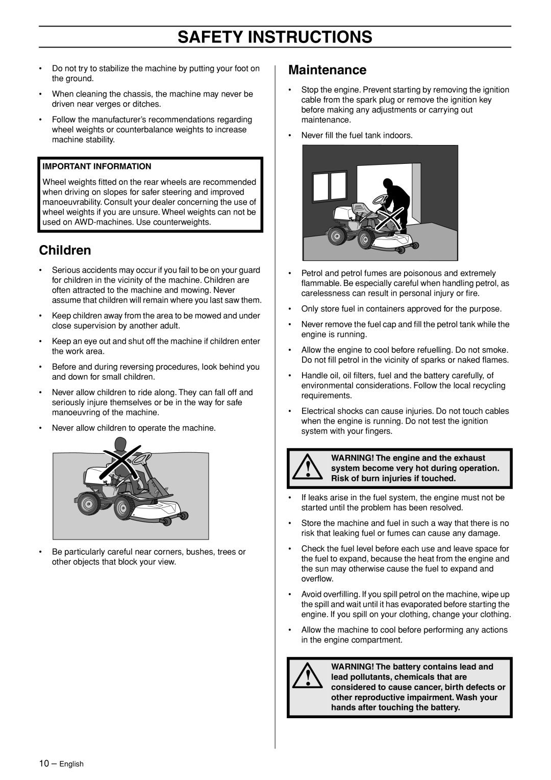 Husqvarna 175 AWD manual Children, Maintenance 