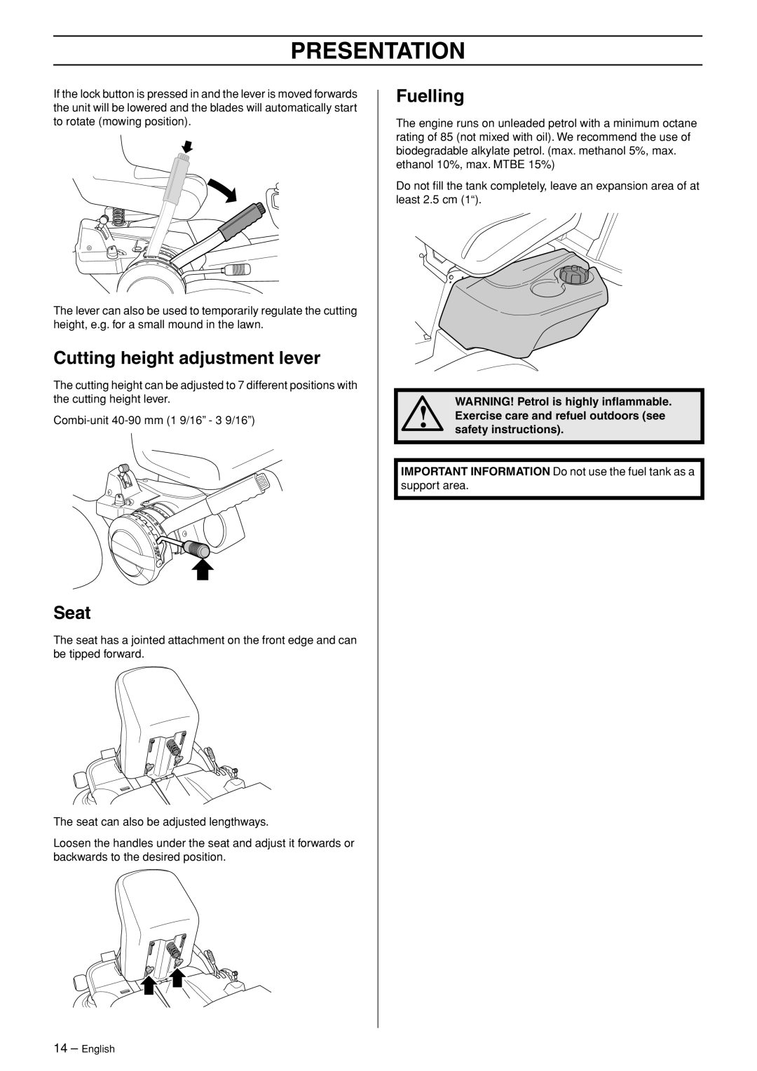 Husqvarna 175 AWD manual Cutting height adjustment lever, Seat, Fuelling 