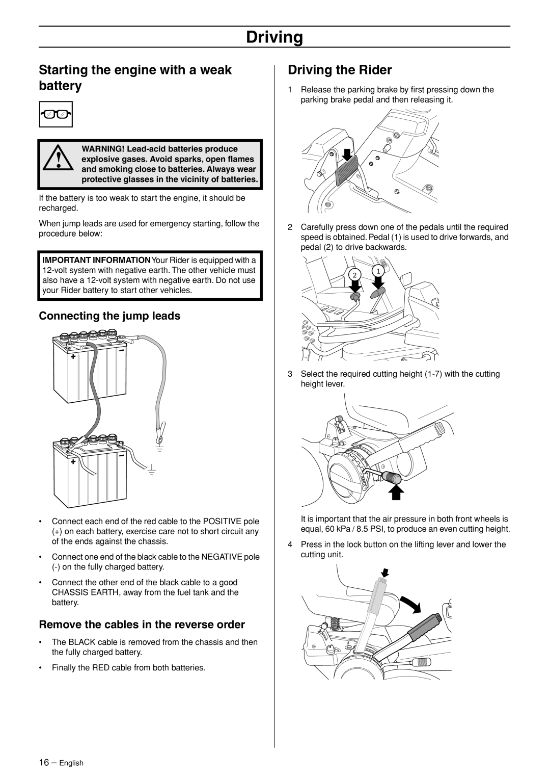 Husqvarna 175 AWD manual Starting the engine with a weak battery, Driving the Rider, Connecting the jump leads 