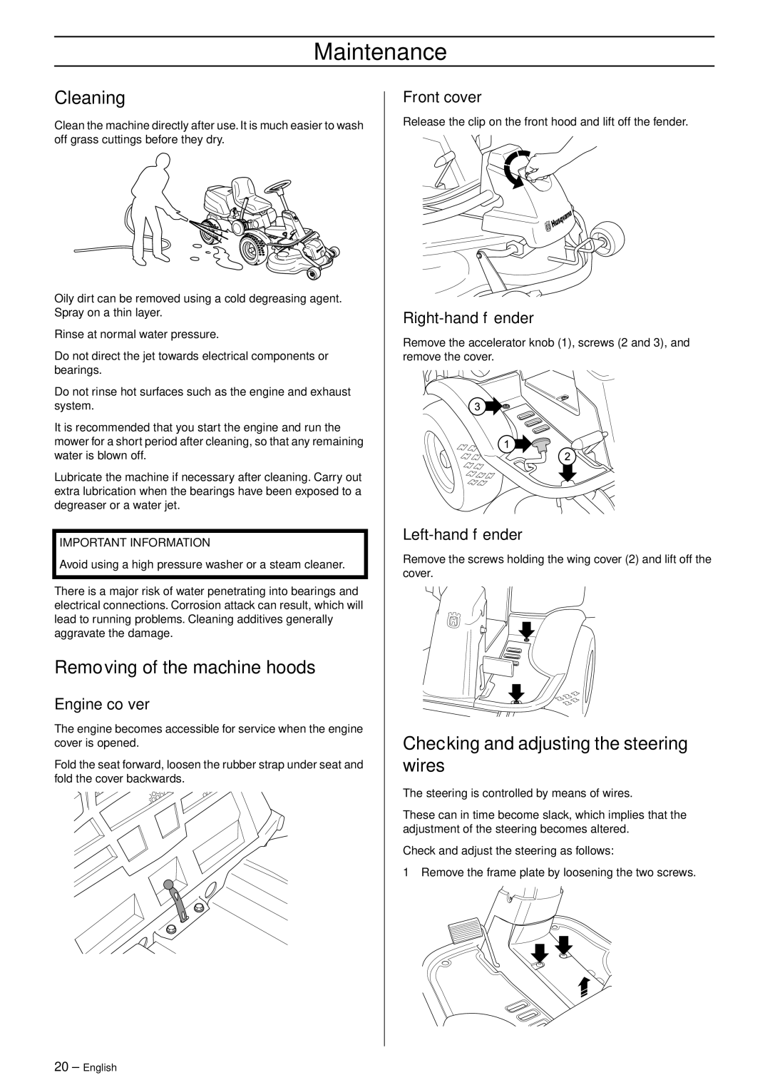 Husqvarna 175 AWD manual Cleaning, Removing of the machine hoods, Checking and adjusting the steering wires 