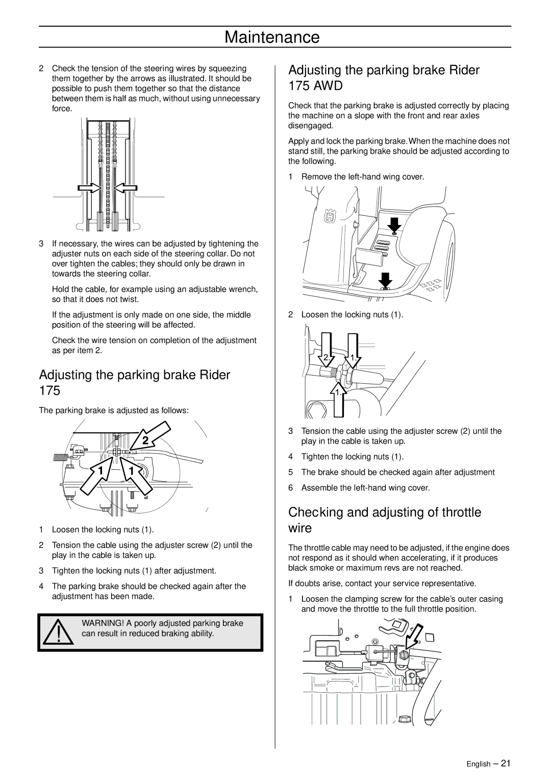 Husqvarna manual Adjusting the parking brake Rider 175 AWD, Checking and adjusting of throttle wire 