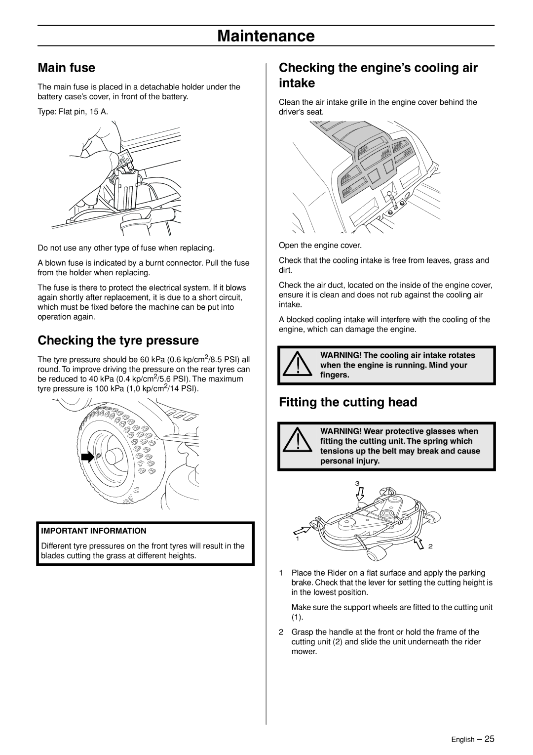 Husqvarna 175 Main fuse, Checking the tyre pressure, Checking the engine’s cooling air intake, Fitting the cutting head 
