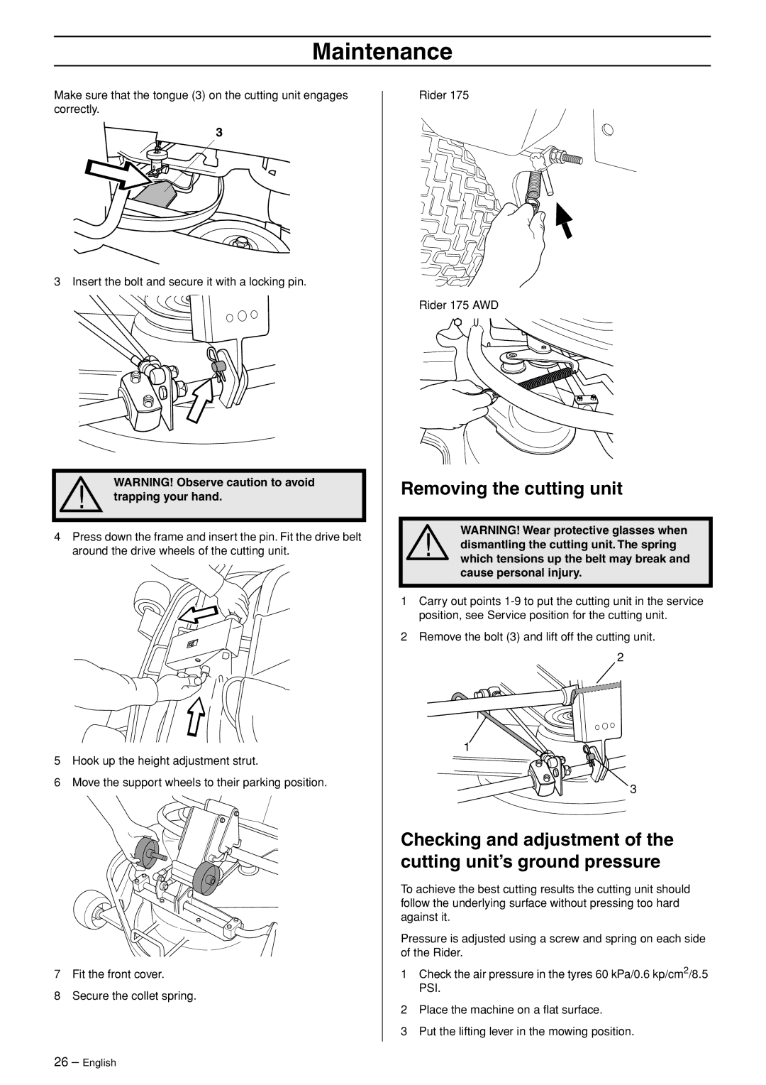 Husqvarna 175 AWD manual Removing the cutting unit, Trapping your hand 