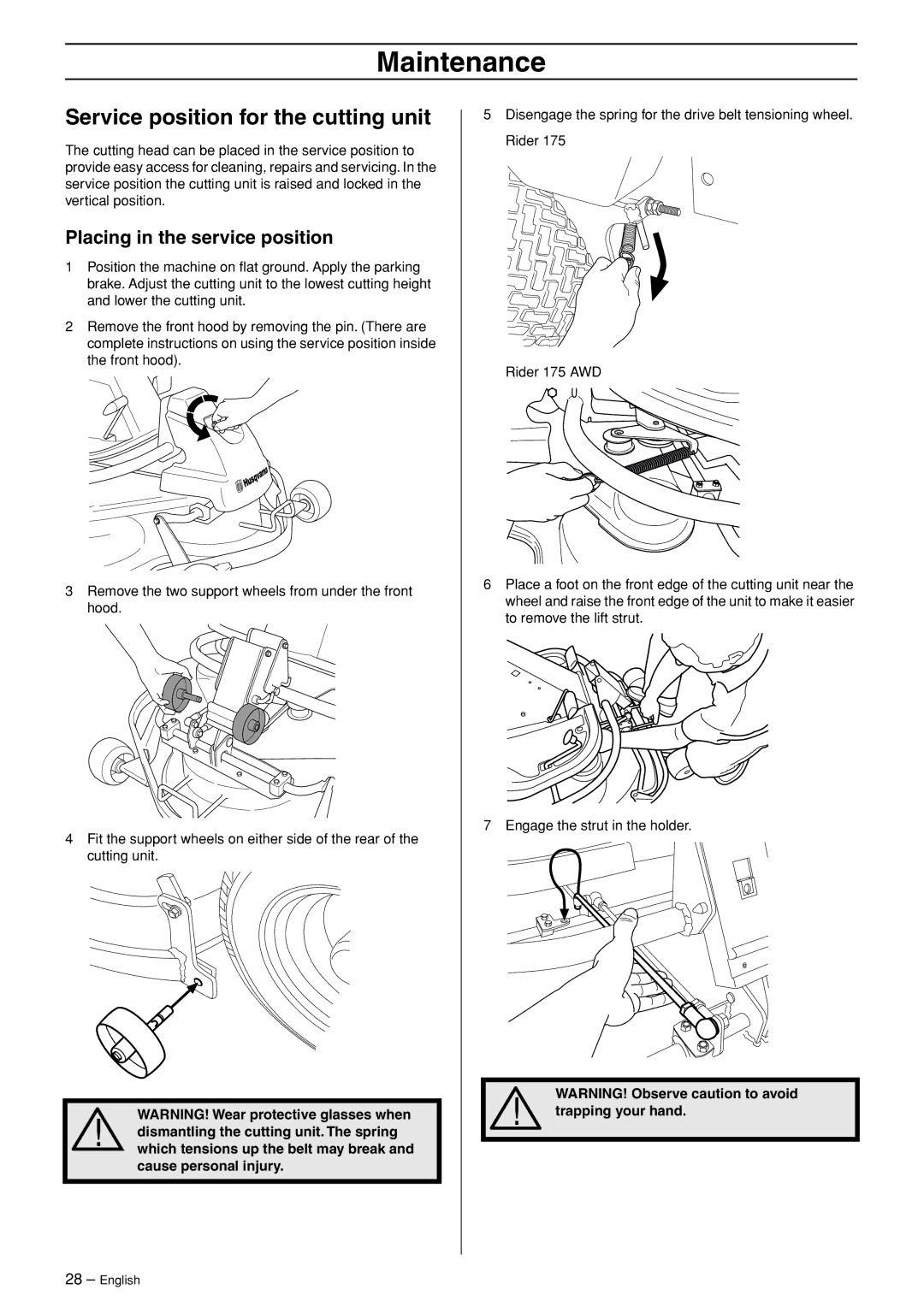 Husqvarna 175 AWD manual Service position for the cutting unit, Placing in the service position 