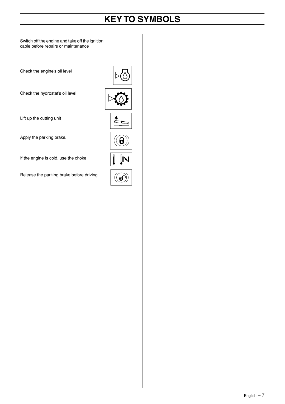 Husqvarna 175 AWD manual KEY to Symbols 