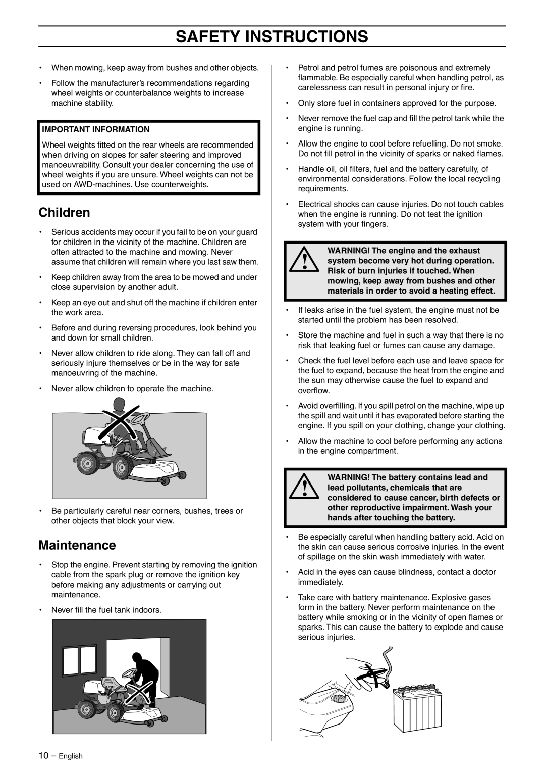 Husqvarna 175 AWD manual Children, Maintenance 