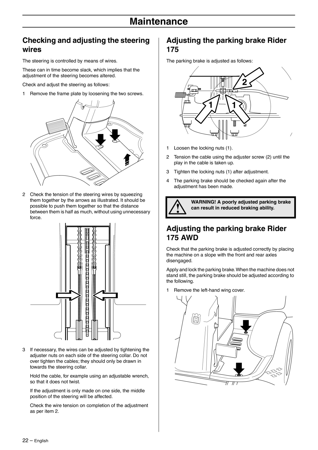 Husqvarna 175 AWD manual Checking and adjusting the steering wires, Adjusting the parking brake Rider 