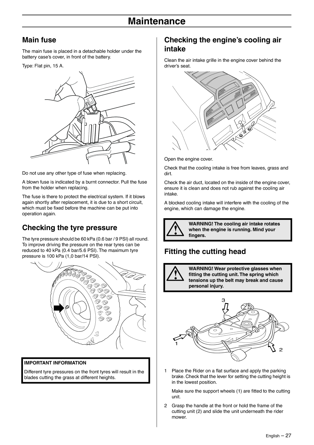 Husqvarna 175 Main fuse, Checking the tyre pressure, Checking the engine’s cooling air intake, Fitting the cutting head 