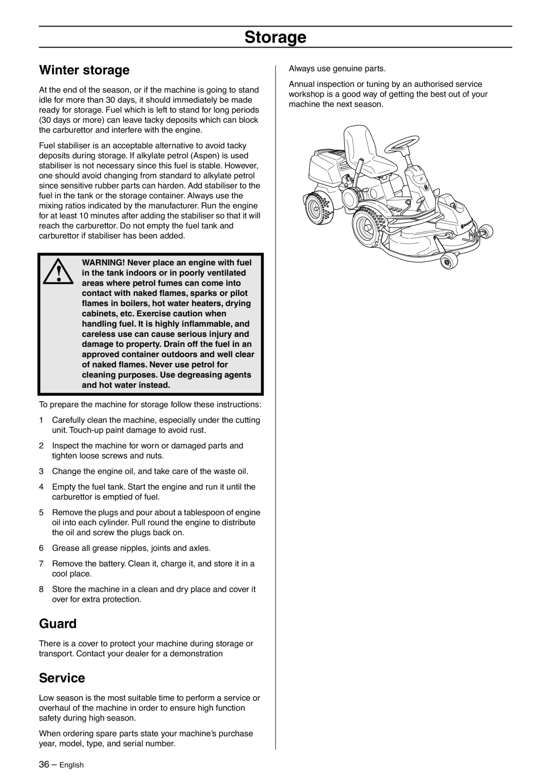 Husqvarna 175 AWD manual Storage, Winter storage, Guard, Service 