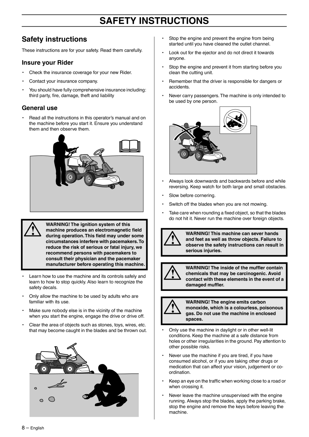 Husqvarna 175 AWD manual Safety Instructions, Safety instructions, Insure your Rider, General use 