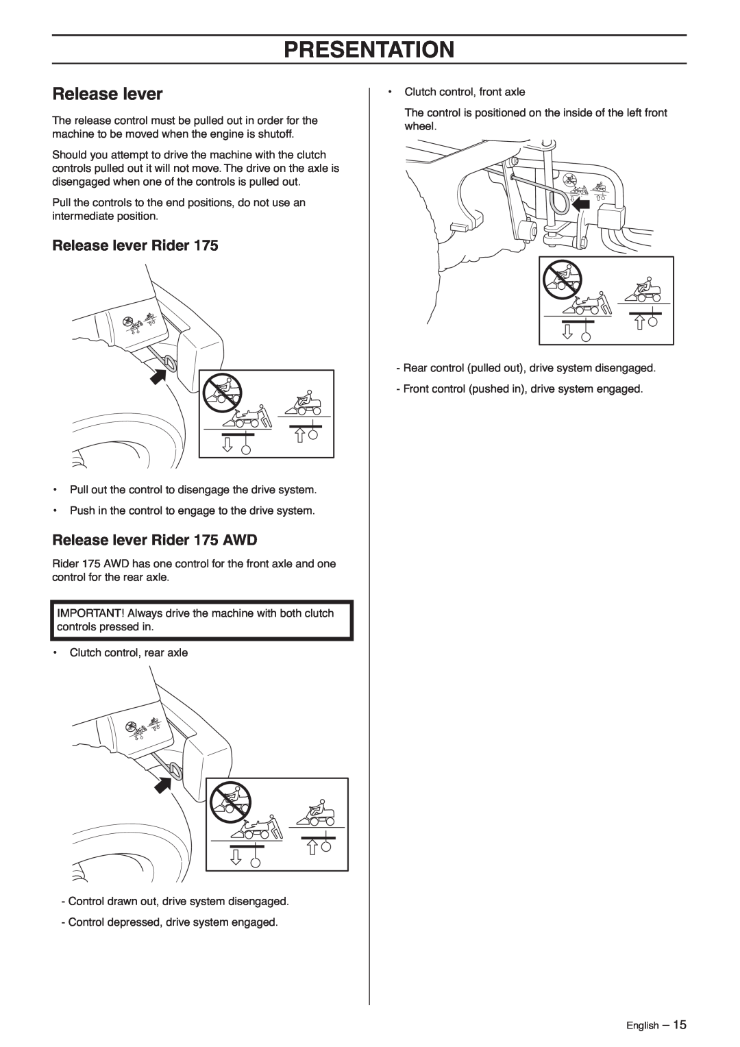 Husqvarna manual Release lever Rider 175 AWD, Presentation 
