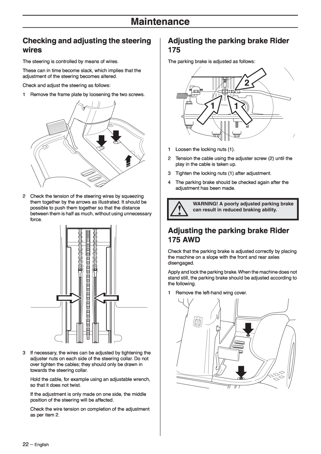 Husqvarna 175 AWD manual Checking and adjusting the steering wires, Adjusting the parking brake Rider, Maintenance 