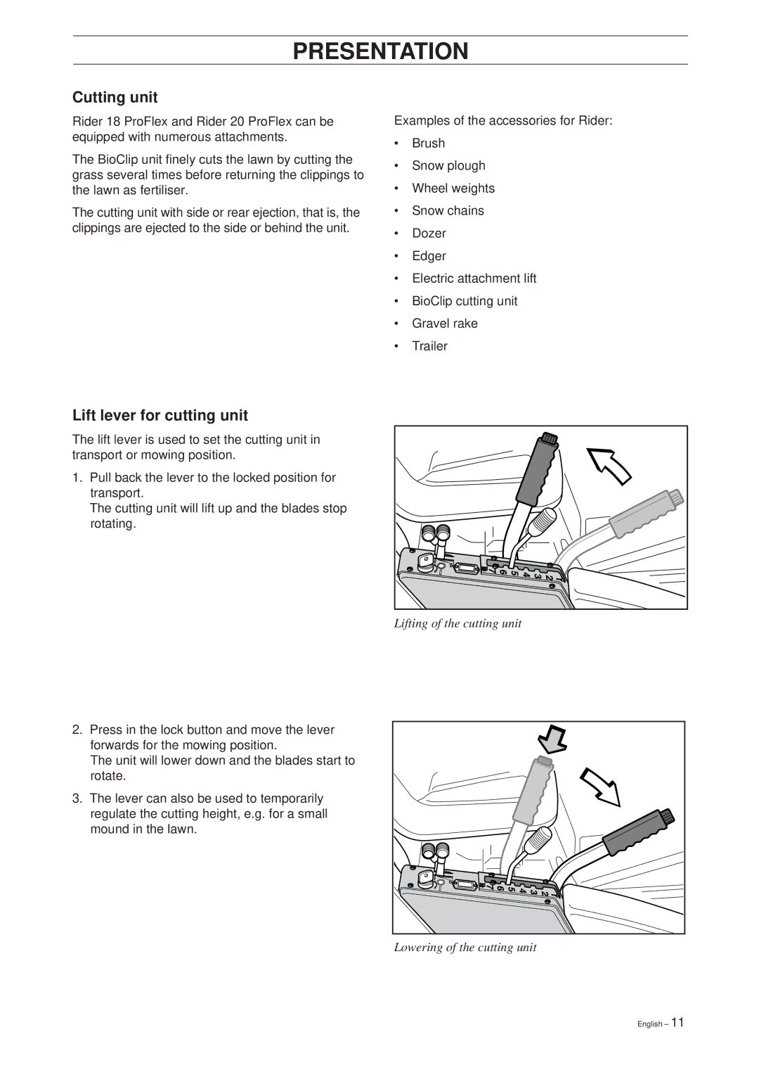 Husqvarna 18 ProFlex, 20 ProFlex manual Cutting unit, Lift lever for cutting unit 