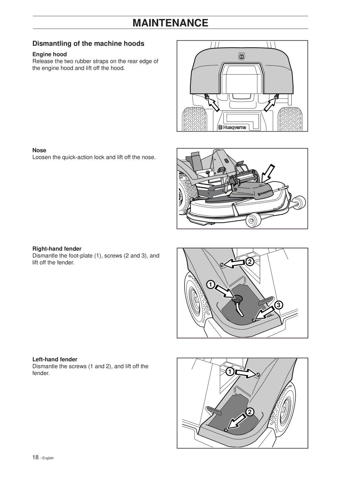 Husqvarna 18 ProFlex, 20 ProFlex Dismantling of the machine hoods, Engine hood, Nose, Right-hand fender, Left-hand fender 