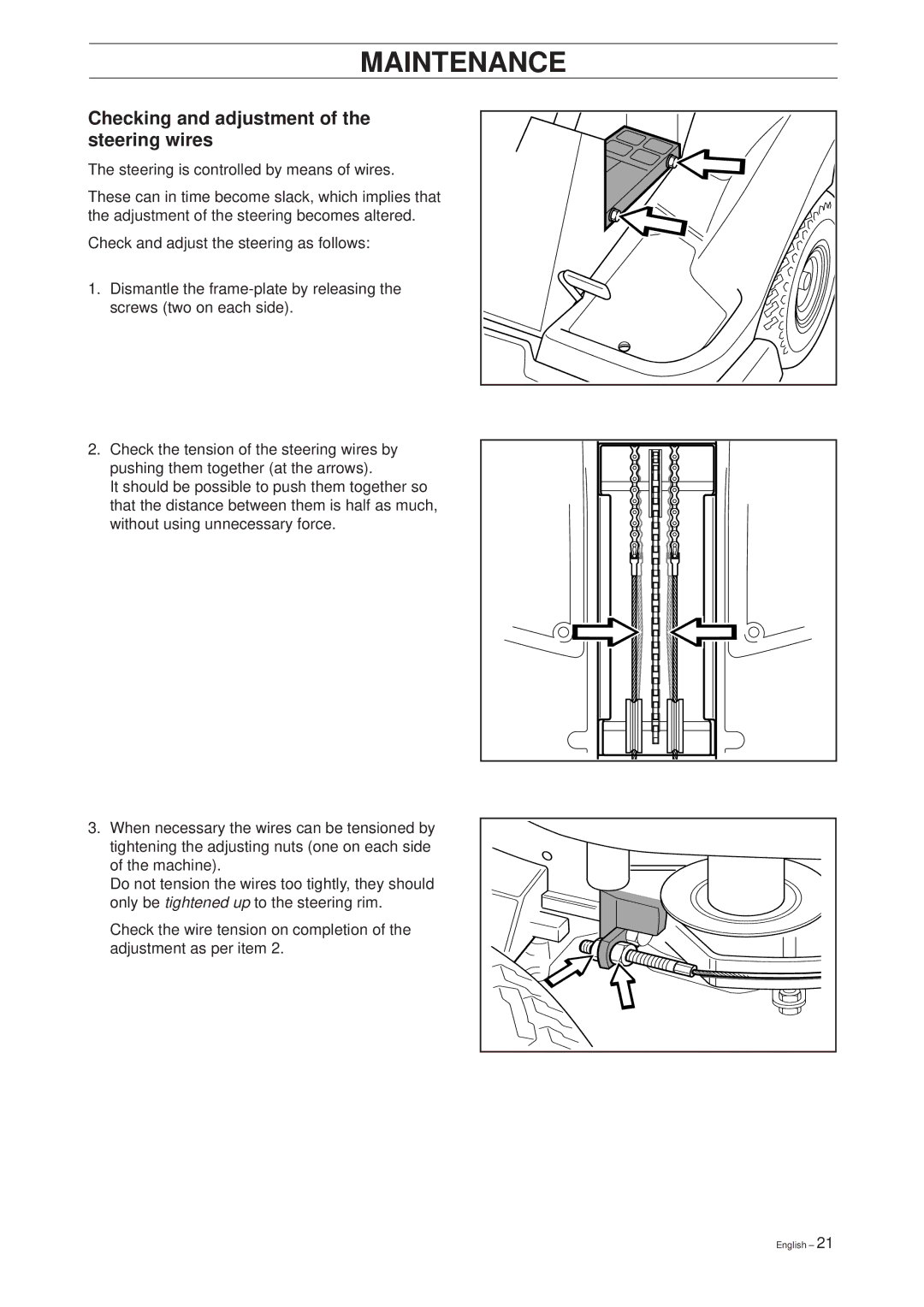 Husqvarna 18 ProFlex, 20 ProFlex manual Checking and adjustment of the steering wires 