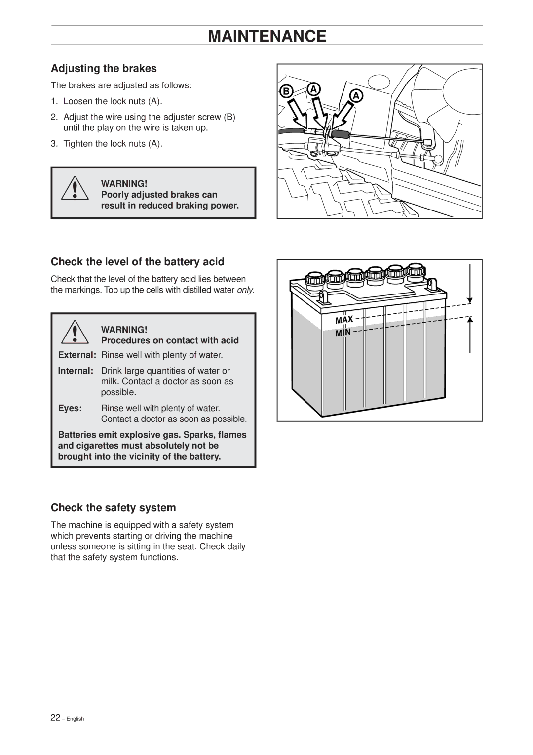 Husqvarna 18 ProFlex, 20 ProFlex manual Adjusting the brakes, Check the level of the battery acid, Check the safety system 