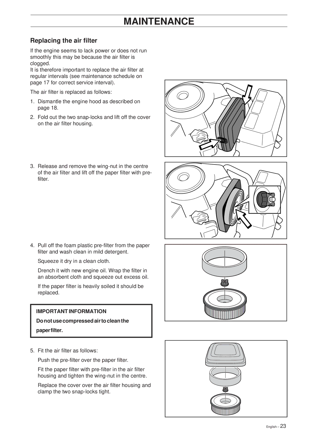 Husqvarna 18 ProFlex, 20 ProFlex manual Replacing the air filter, Do not use compressed air to clean Paper filter 