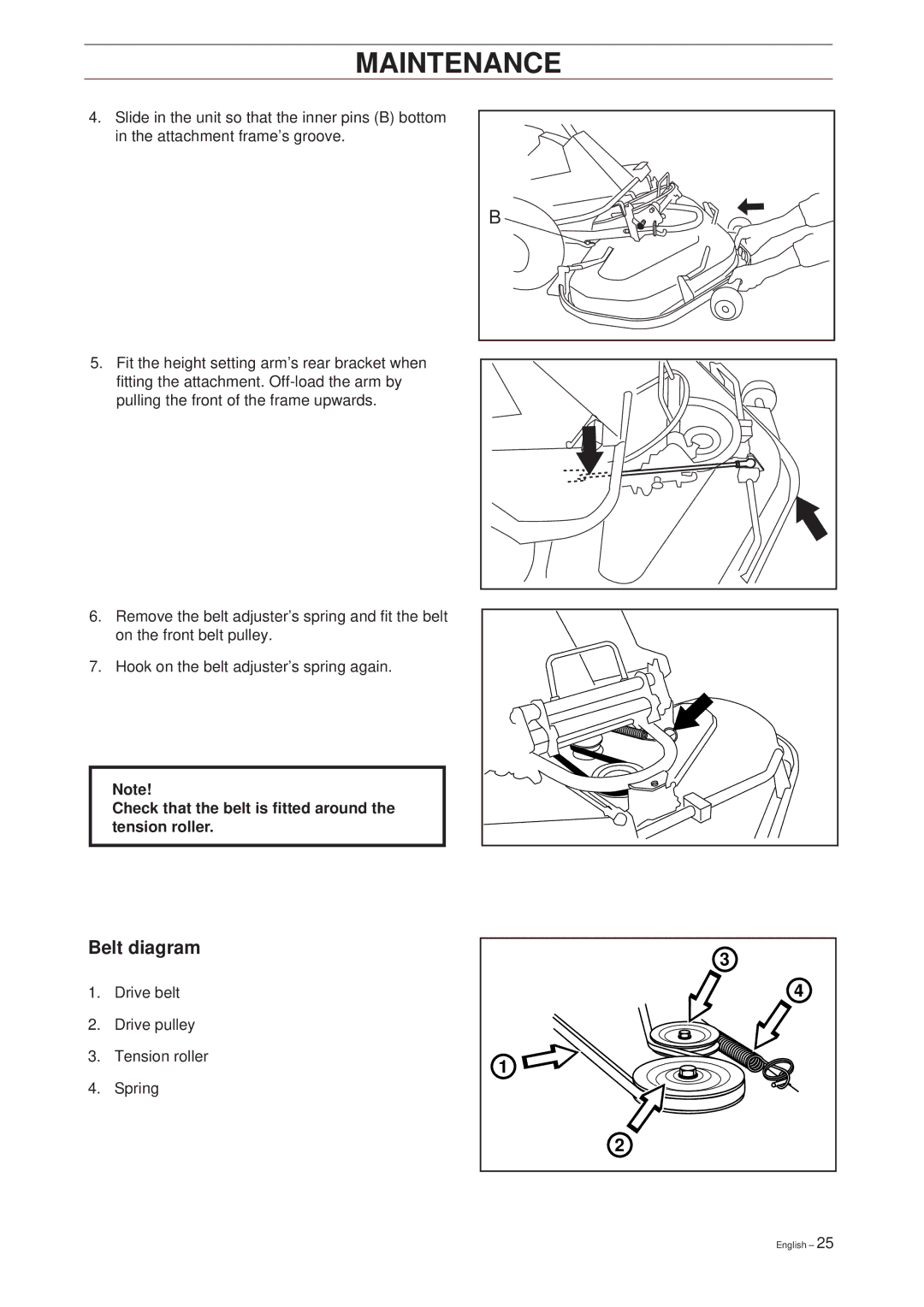 Husqvarna 18 ProFlex, 20 ProFlex manual Belt diagram, Check that the belt is fitted around the tension roller 