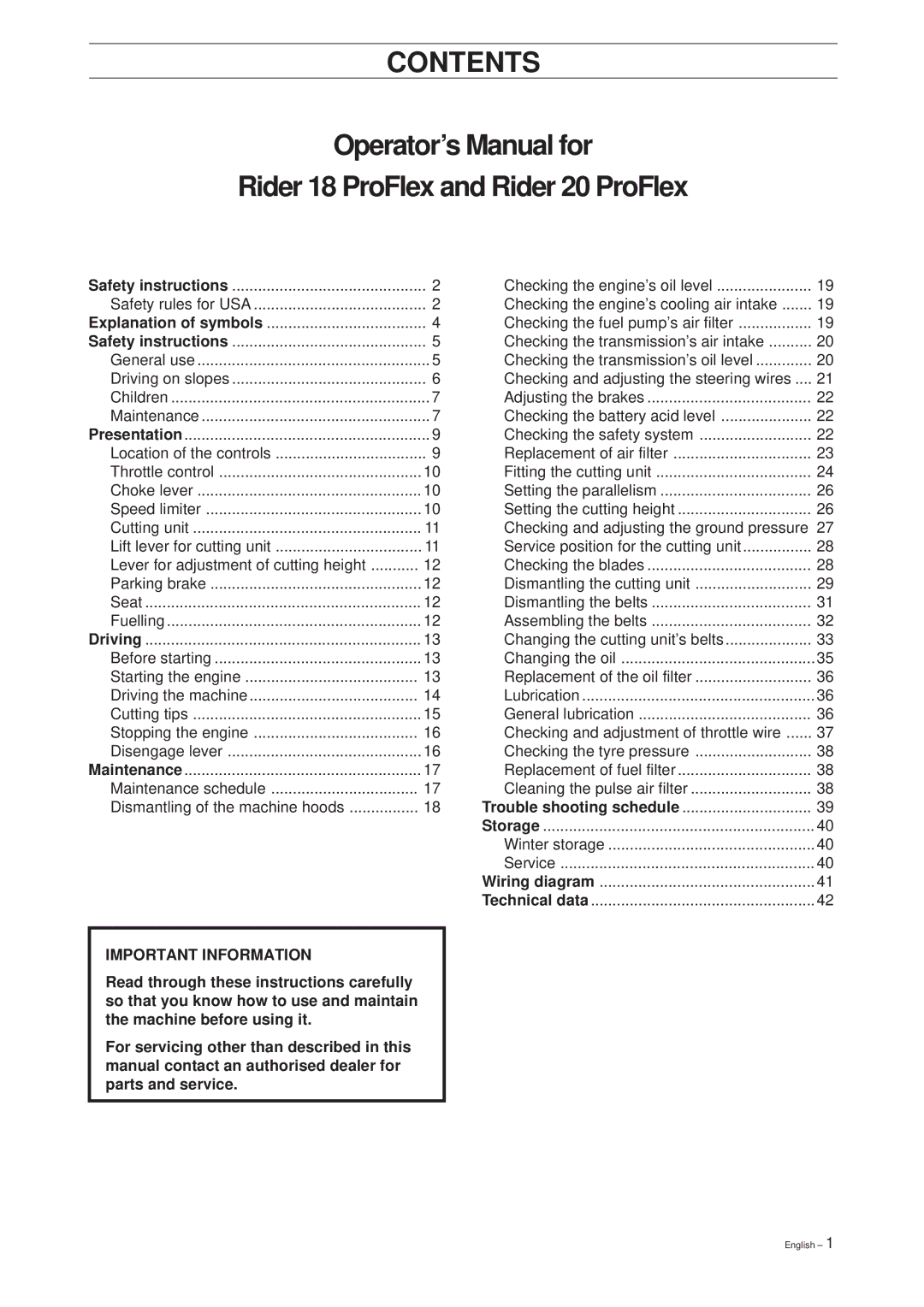 Husqvarna 18 ProFlex, 20 ProFlex manual Contents 