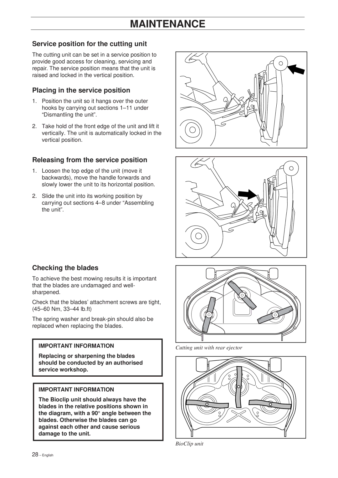 Husqvarna 18 ProFlex, 20 ProFlex manual Service position for the cutting unit, Placing in the service position 