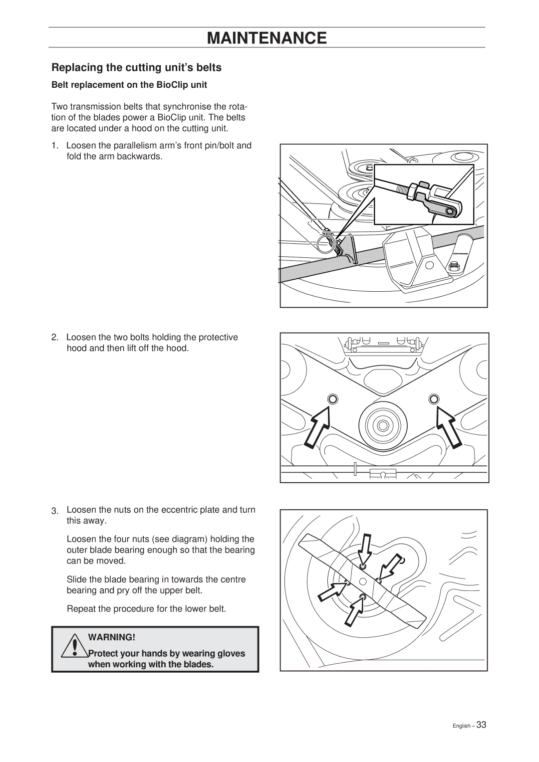 Husqvarna 18 ProFlex, 20 ProFlex manual Replacing the cutting unit’s belts, Belt replacement on the BioClip unit 