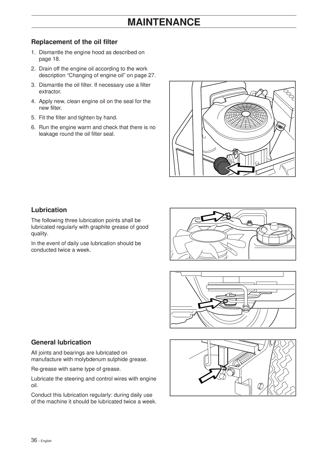 Husqvarna 18 ProFlex, 20 ProFlex manual Replacement of the oil filter, Lubrication, General lubrication 