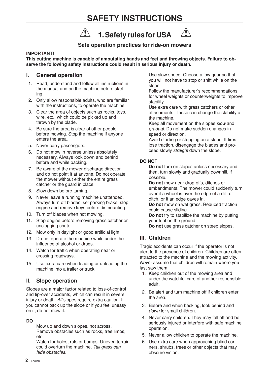 Husqvarna 18 ProFlex, 20 ProFlex manual Safety Instructions, Safe operation practices for ride-on mowers, General operation 