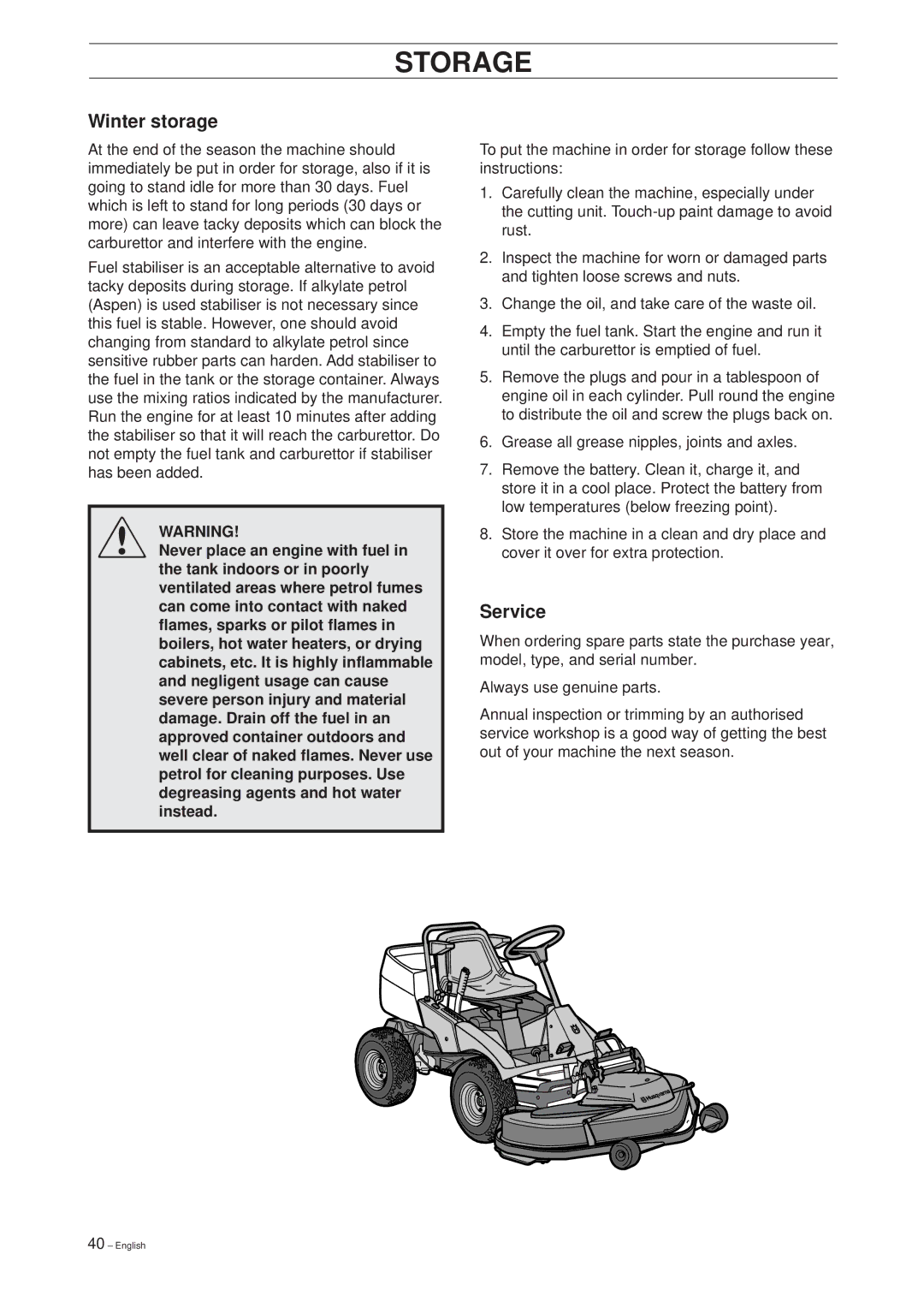 Husqvarna 18 ProFlex, 20 ProFlex manual Storage, Winter storage, Service 