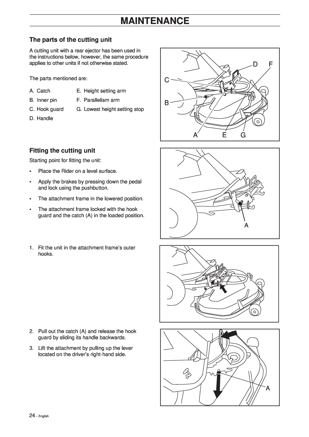 Husqvarna 18 ProFlex, 20 ProFlex manual The parts of the cutting unit, Fitting the cutting unit, Maintenance 