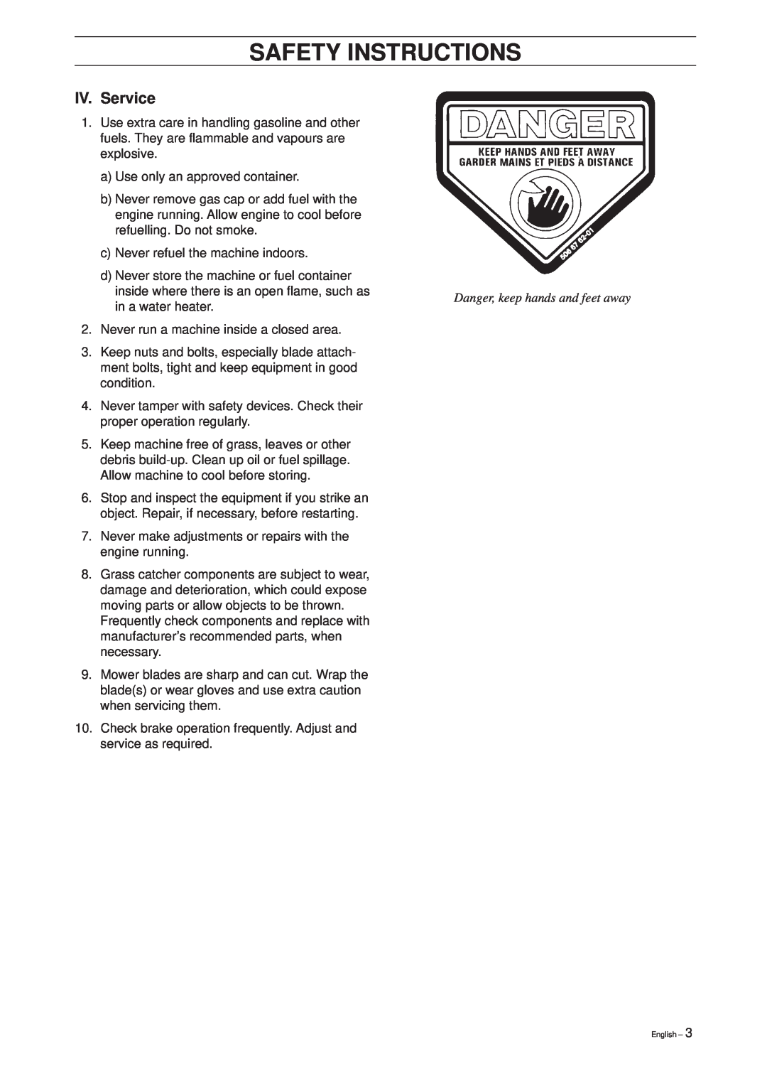 Husqvarna 18 ProFlex, 20 ProFlex manual IV. Service, Safety Instructions 