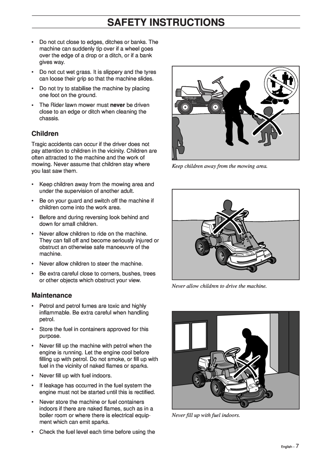 Husqvarna 18 ProFlex, 20 ProFlex manual Children, Maintenance, Keep children away from the mowing area, Safety Instructions 