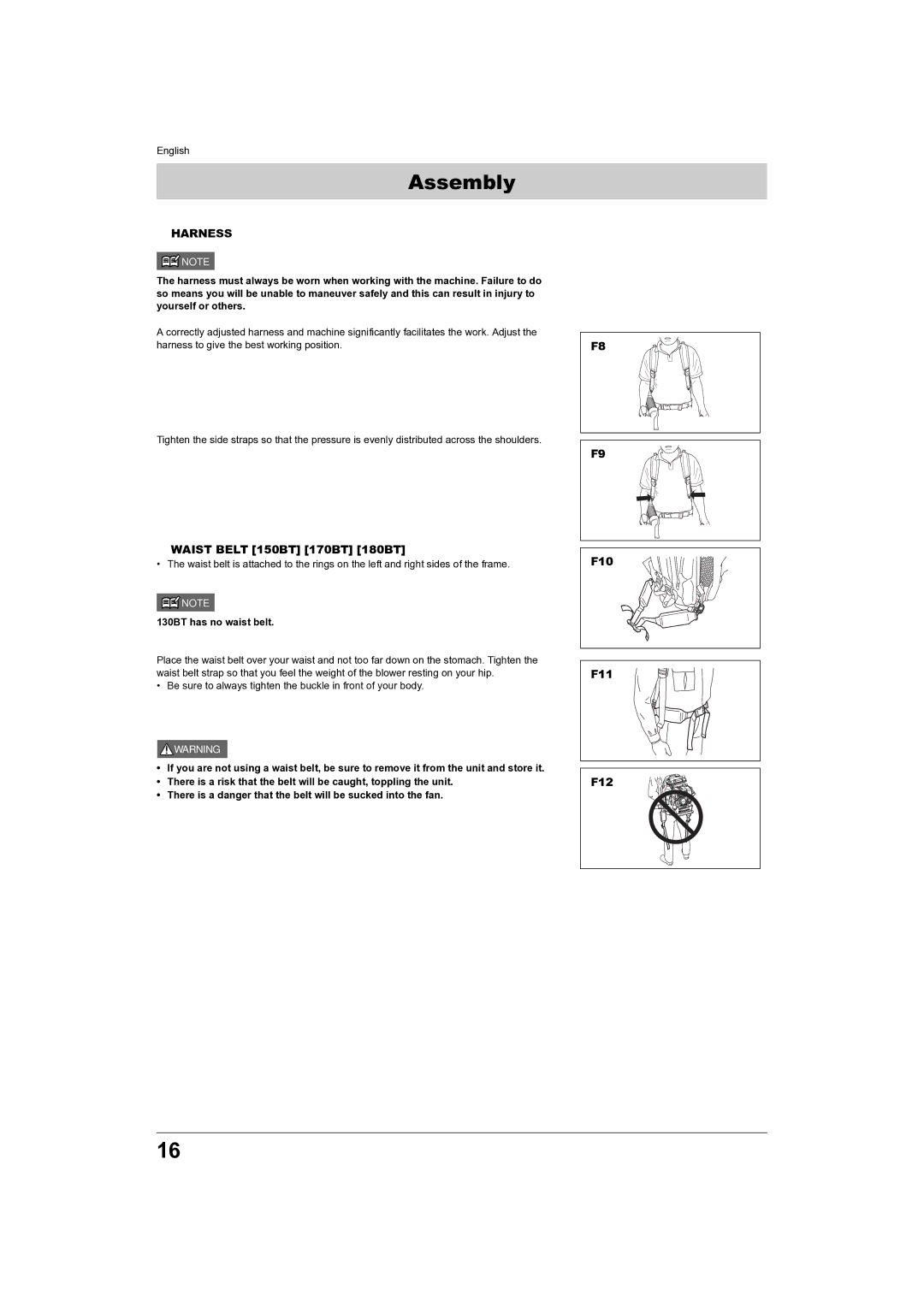 Husqvarna manual „ Harness, „ Waist Belt 150BT 170BT 180BT, F10 F11 F12, 130BT has no waist belt 