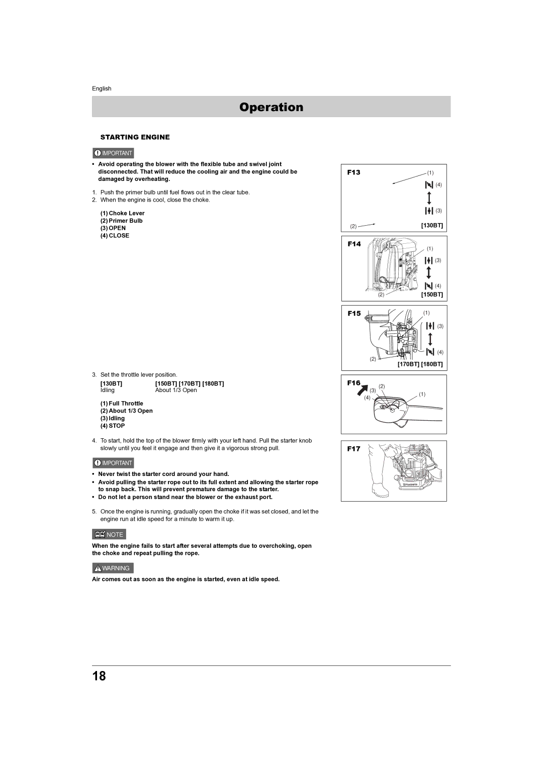 Husqvarna 180BT, 150BT manual Operation, „ Starting Engine, F14, F15, F17 