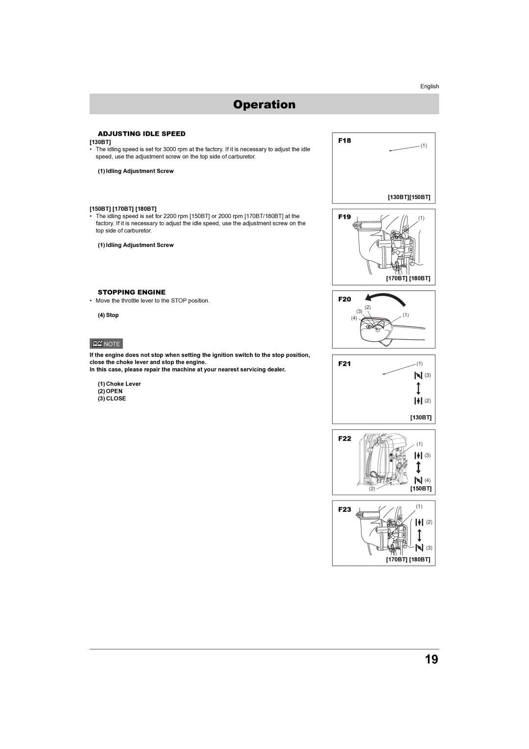 Husqvarna 150BT, 180BT manual „ Adjusting Idle Speed, „ Stopping Engine 