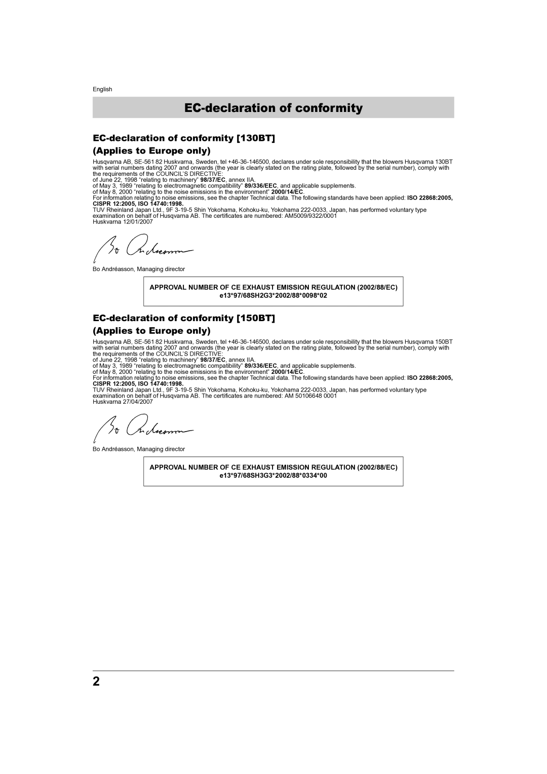 Husqvarna 180BT, 150BT manual EC-declaration of conformity, E13*97/68SH2G3*2002/88*0098*02, E13*97/68SH3G3*2002/88*0334*00 