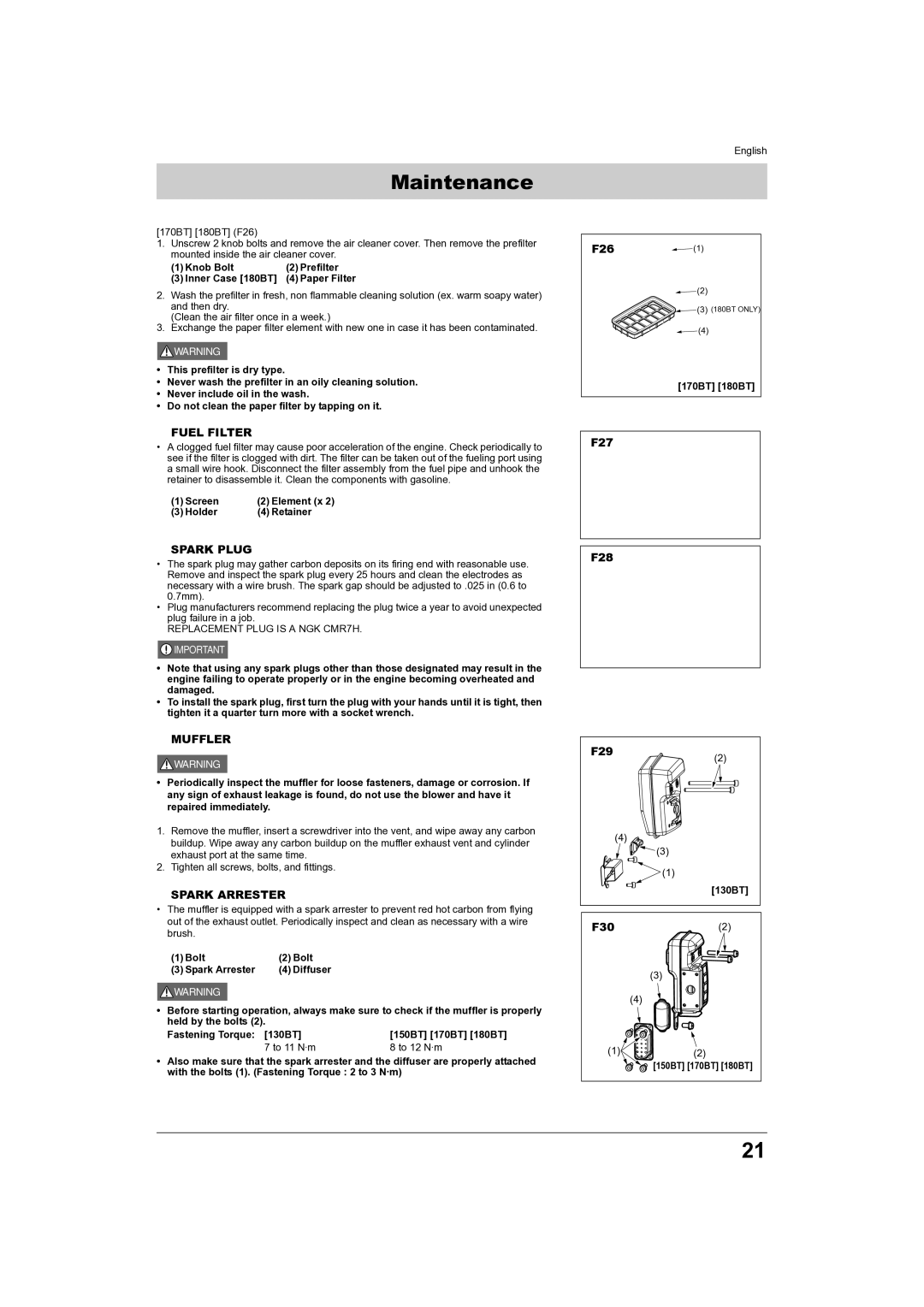 Husqvarna 150BT, 180BT manual „ Fuel Filter, „ Spark Plug, „ Muffler, „ Spark Arrester 