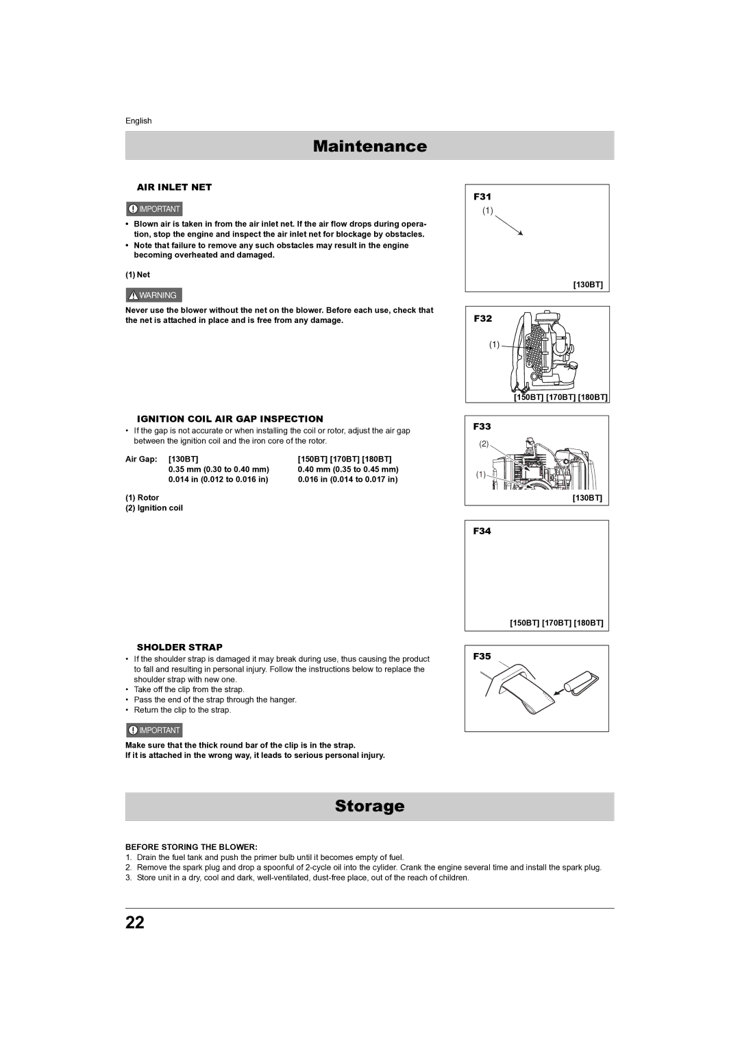 Husqvarna 180BT, 150BT manual Storage, „ AIR Inlet NET, „ Ignition Coil AIR GAP Inspection, „ Sholder Strap 