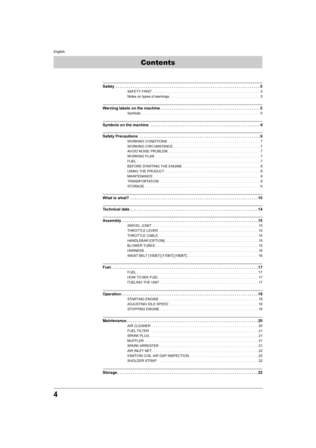 Husqvarna 180BT, 150BT manual Contents 