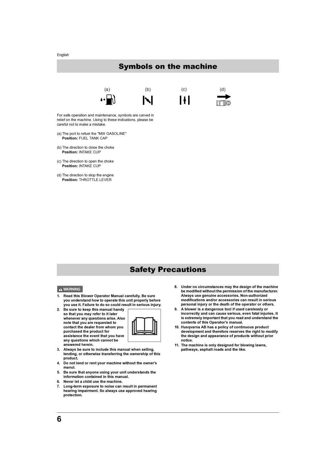 Husqvarna 180BT, 150BT manual Symbols on the machine, Safety Precautions 