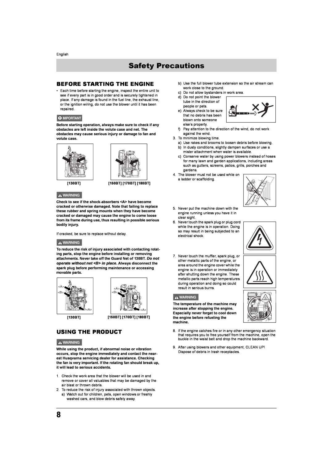 Husqvarna 180BT, 150BT manual Safety Precautions, Before Starting The Engine, Using The Product 