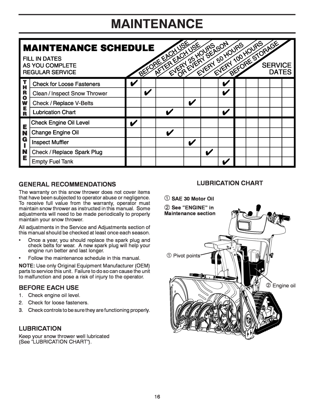 Husqvarna 1827EXLT warranty Maintenance, General Recommendations, Before Each Use, Lubrication Chart 