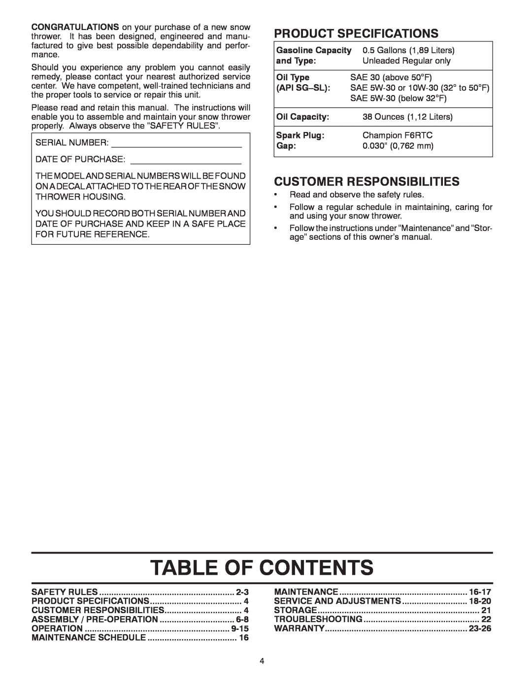 Husqvarna 1827EXLT Table Of Contents, Product Specifications, Customer Responsibilities, Oil Type, Api Sg-Sl, Oil Capacity 