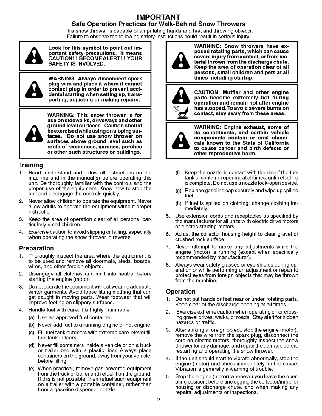 Husqvarna 1827EXLT warranty Safe Operation Practices for Walk-Behind Snow Throwers 