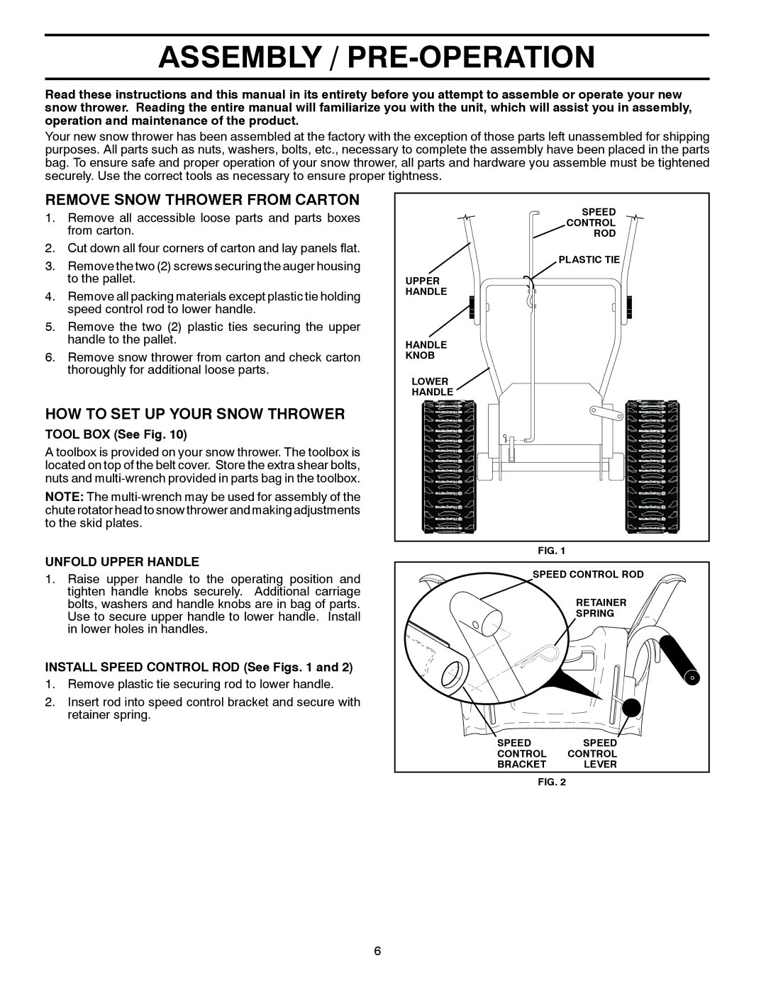 Husqvarna 1827EXLT warranty Assembly / PRE-OPERATION, Remove Snow Thrower from Carton, HOW to SET UP Your Snow Thrower 